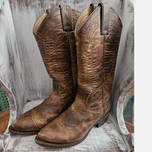 VINTAGE Frye Billy Pull On Distressed Brown Cognac Leather Cowboy Rodeo Boots